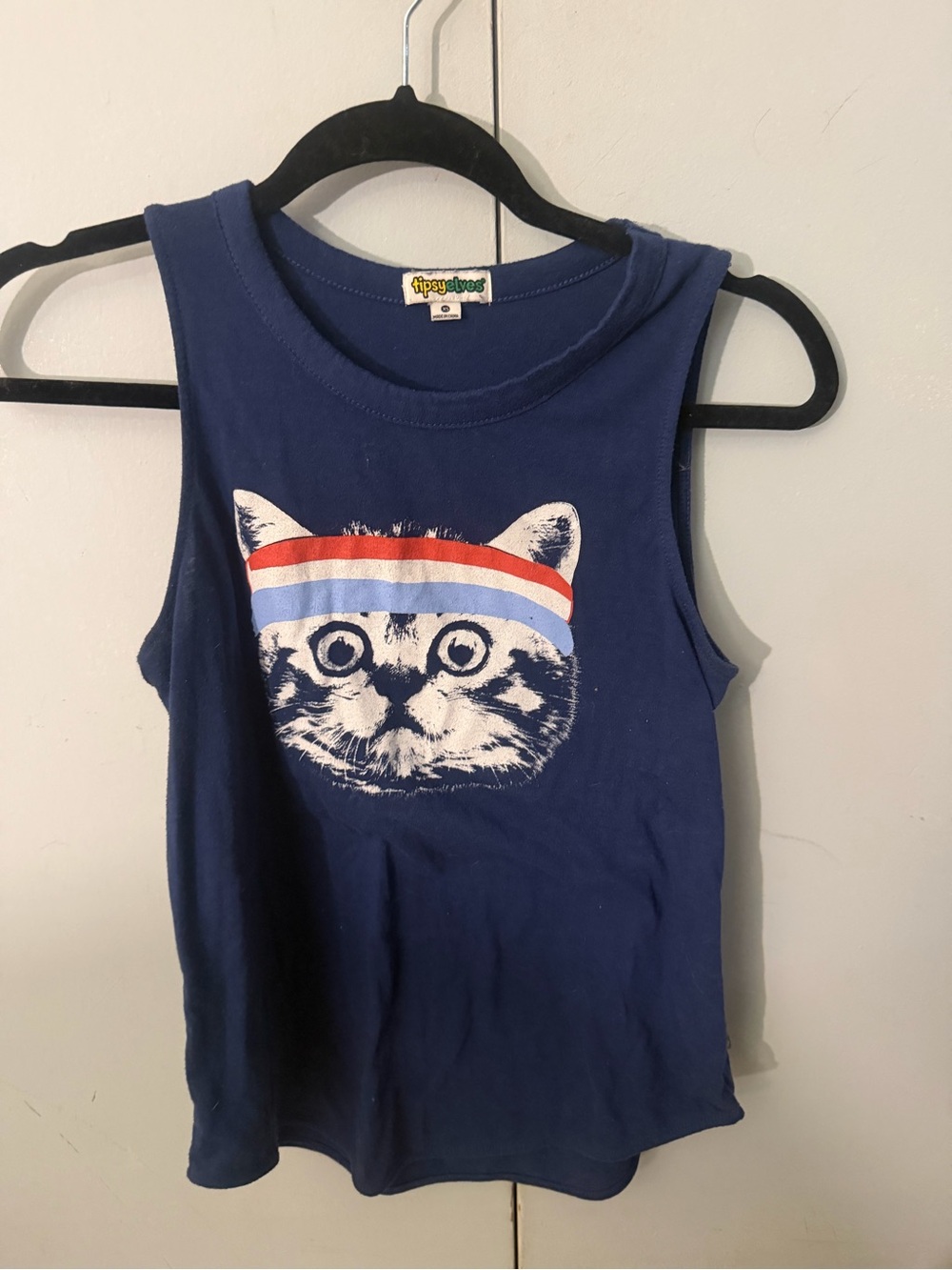 Tipsy Elves Patriotic Workout Cat Graphic Tank Top XS Navy